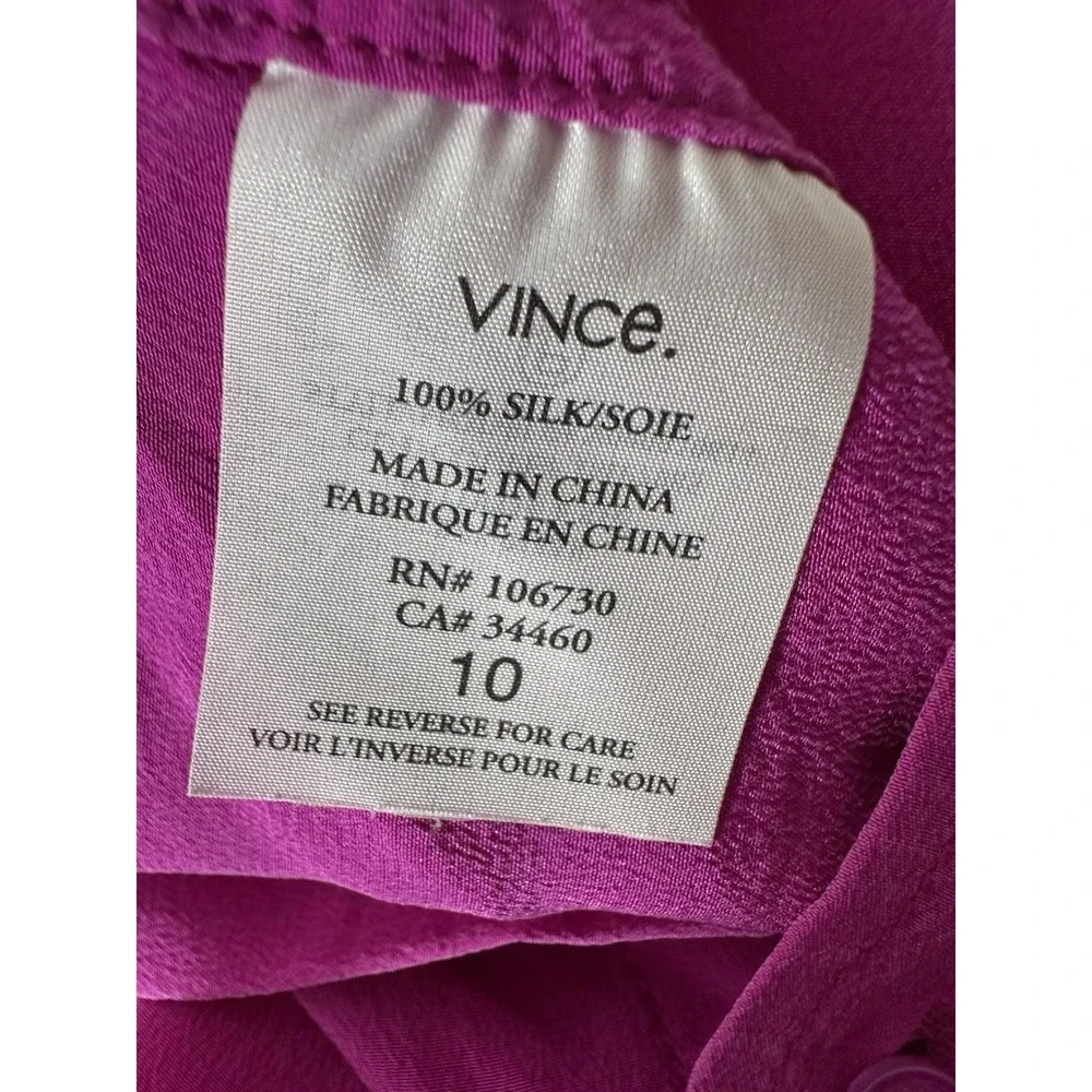 VINCE Top Women's Size 10 100% Silk Hot Pink Long Sleeve V-Neck Button Up Career - Picture 4 of 8